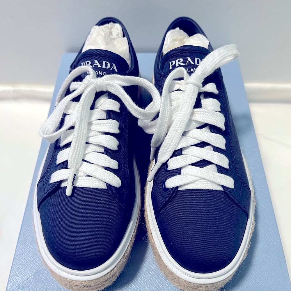 Authentic PRADA Raffia Platform Sneaker in Denim Size; 7.5 US/37.5 EU
